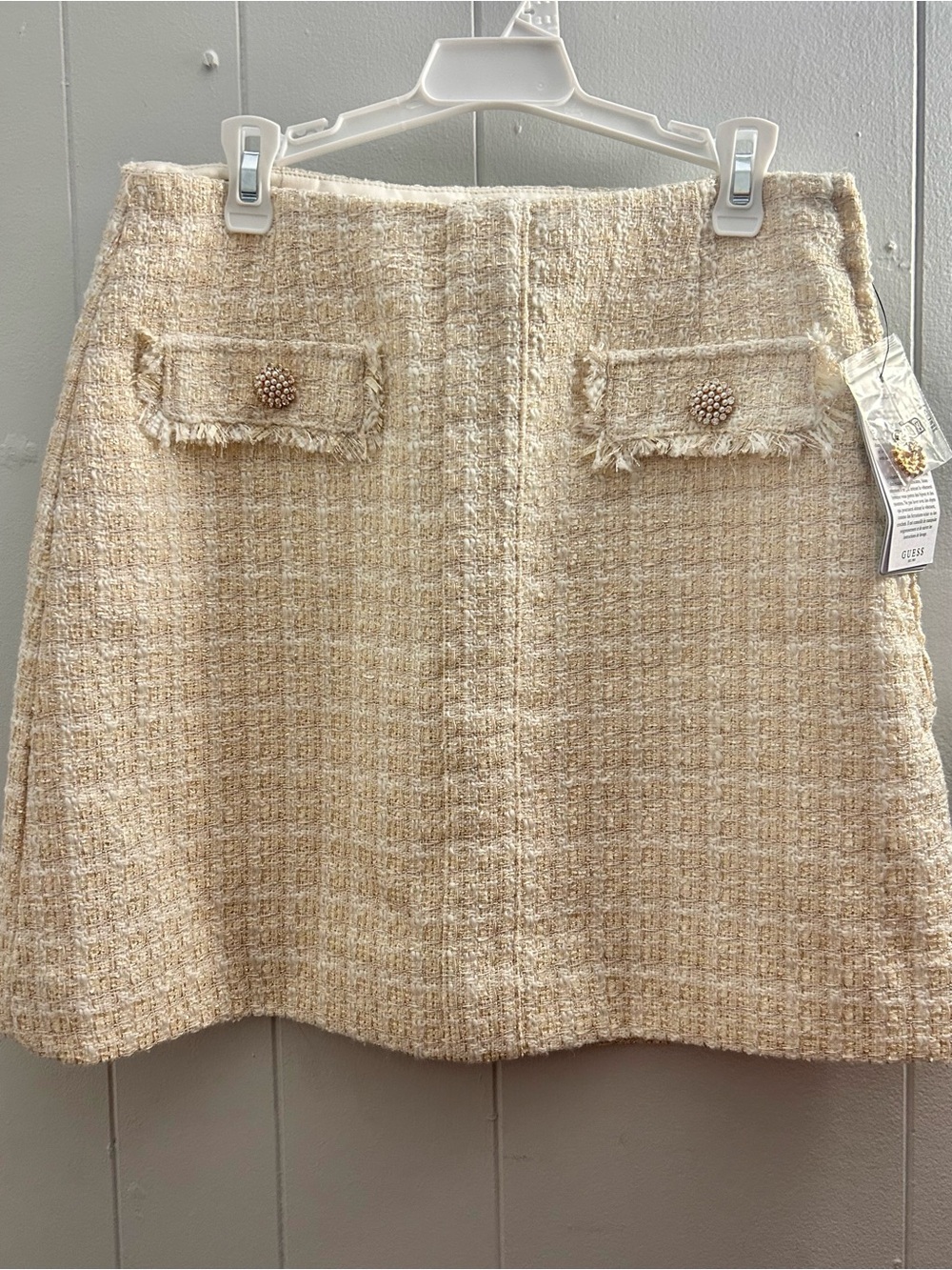 NWT Guess Daphnee Mini Flap Tweed Skirt Cream Gold XS